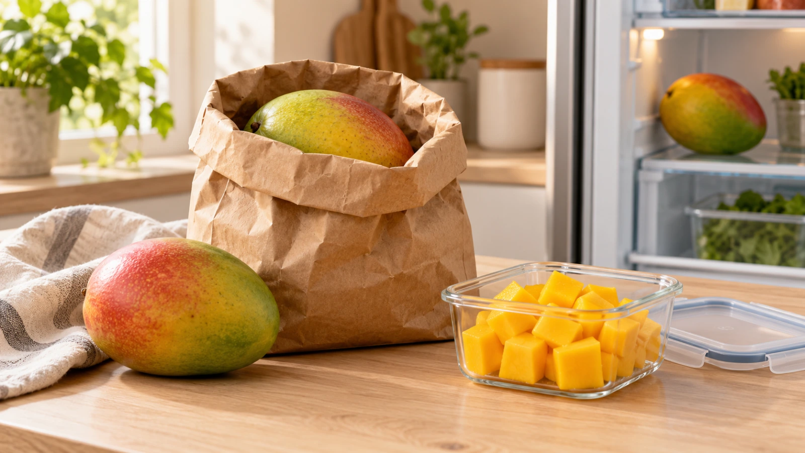 Kese kâğıdında olgunlaştırılan mango, buzdolabında saklanan bütün mango ve cam kaptaki doğranmış mango parçaları
